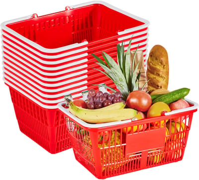 Set van 12 Stapelbare Plastic Winkelmanden van 21 Liter met Handgrepen, Duurzaam Gaasontwerp, Ondersteunt Tot 9,07 Kg, Ideaal voor Boodschappen, Detailhandel, Supermarkten En Thuisgebruik, Rood