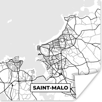 Poster Frankrijk – Saint-Malo - Plattegrond – Stadskaart – Kaart - Zwart wit - 100x100 cm XXL