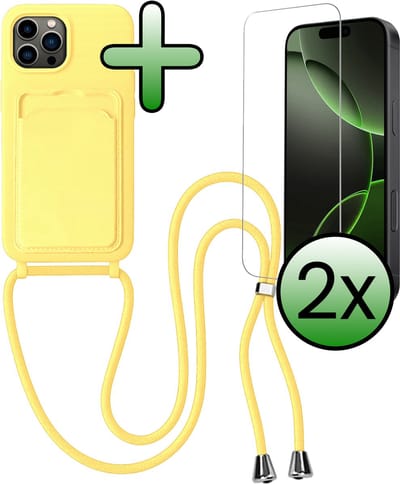 Hoes Geschikt voor iPhone 16 Pro Hoesje Pas Houder Case Hoes Met Koord Met 2x Screenprotector - Hoesje Geschikt voor iPhone 16 Pro Hoes Met Telefoonkoord Pasjeshouder Cover - Geel