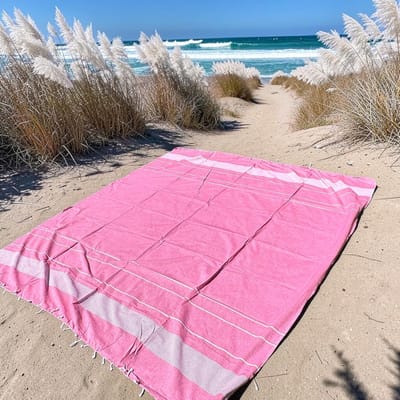 XL strandlaken - tweepersoons strandlaken - Groot strandkleed - 235x210 cm - Roze/wit gestreept - Picknickkleed