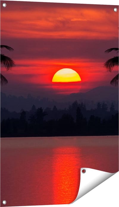 Gards Tuinposter Zonsondergang op het Strand met Palmbomen - 60x90 cm - Tuindoek - Tuindecoratie - Wanddecoratie buiten - Tuinschilderij