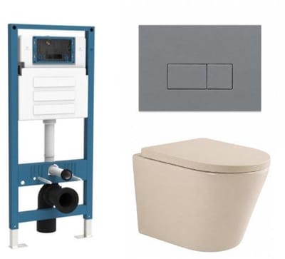 QeramiQ Dely Toiletset - inbouwreservoir Qeramiq Flush - 35mm zitting - kunststof licht grijze bedieningsplaat - rechthoekige knoppen - beige