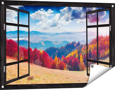 Gards Tuinposter Doorkijk Kleurrijke Herfstbos met Heuvellandschap - 90x60 cm - Tuindoek - Tuindecoratie - Wanddecoratie buiten - Tuinschilderij