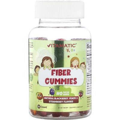 Vitamatic, vezelsnoepjes voor kinderen, natuurlijke braam-, perzik- en aardbeismaak, 60 snoepjes