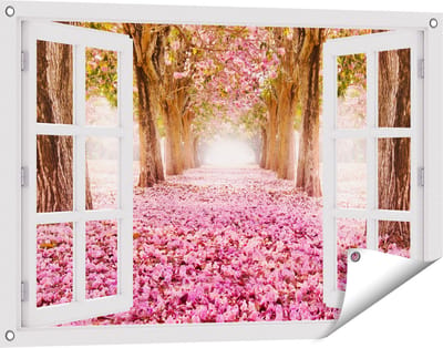 Gards Tuinposter Doorkijk Romantische Bomen Tunnel met Roze Anjers - 90x60 cm - Tuindoek - Tuindecoratie - Wanddecoratie buiten - Tuinschilderij