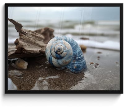 Poster in lijst - Fotolijst 80x60 cm - Posters - Schelp - Strand - Blauw - Zee - Posterlijst zwart - Decoratie - Wanddecoratie woonkamer - Muurdecoratie slaapkamer