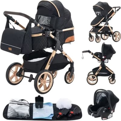 J&R Kinderwagen 3 in 1 - Kinderwagen - Bedje - Buggy - Autostoel - Opvouwbaar - Aluminium frame - Zwart - Goud