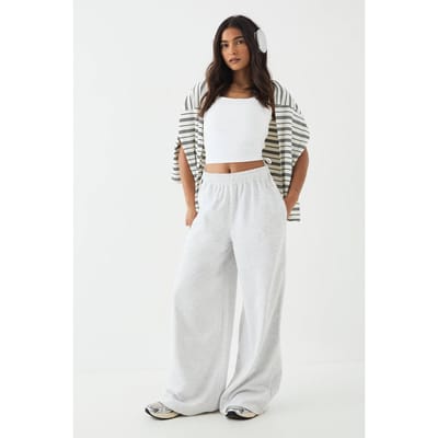 Dames DSGN Studio Joggingbroek met Paspeldetail Middelhoge Taille Wijde Pijpen | Asgrijs | Maat: Small