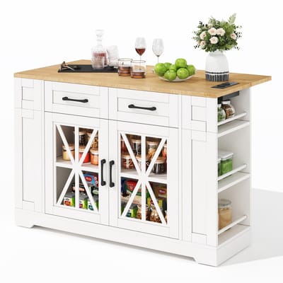 Keukeneiland - 120 cm - Met Inklapbare Tafel - AC en USB met Glazen Deur - Hout - Wit