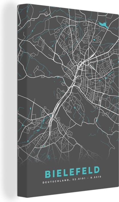 Canvas Schilderij Duitsland – Blauw – Bielefeld – Stadskaart – Kaart – Plattegrond - 20x30 cm - Wanddecoratie