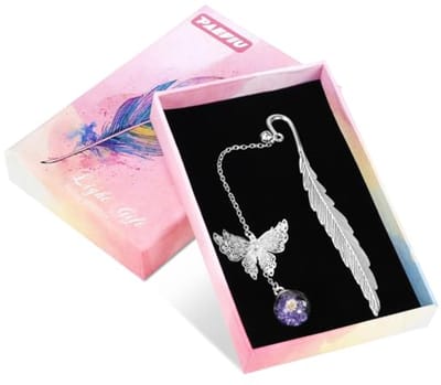 Feather Bookmark met Vlinder Hangertje - Kerstcadeaus voor Kinderen - Docenten - Vrienden - Boekliefhebbers - Verjaardag met Cadeaubox