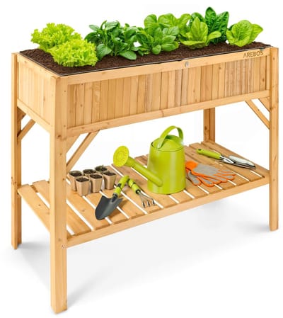 AREBOS houten verhoogd bed met plank, plantenbak Groenten Kruiden Balkon Bloemen