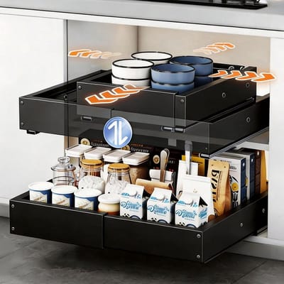 Vouwbare Keukenlade Organizer 41.5-55cm Diep & 29-48cm Breed, Telescopische Lade, Geen Boren, Onderkast Oplossing, Ruimtebesparend en Praktisch Keukengerei