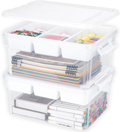 2 Stuks 16L Opbergdozen met Verwijderbare Bak, Duurzame Plastic Containers met Deksel en Vergrendelbare Gespen, Stapelbare Kunst- en Knutselbox voor Creatief Spel en Organisatie