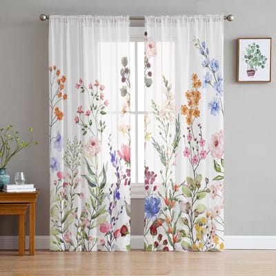 Planten Lavendelbloem Paars Wit Doorschijnende Gordijnen voor Woonkamer Decoratie Raamopening Gordijn Keukenruimte Tule Voile Organza Gordijnen W135 x H137cm x1&Rod Pocket