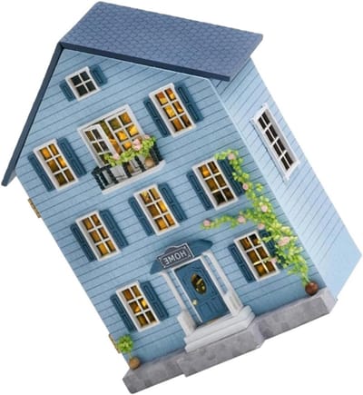 Miniatuur Poppenhuis Set - Houten Knutselhuis - Creatief Hobbyen - Inclusief Meubilair - 12.8 cm - Hemelsblauw