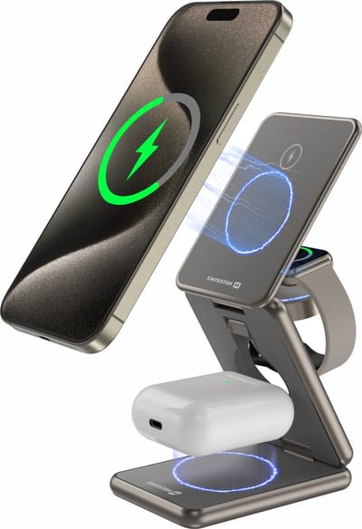 Swissten 3 in 1 Draadloze Oplader Opvouwbaar - Magnetische standaard 23W - Geschikt voor iPhone 7/8/X/11/12/13/14, Airpods en Apple Watch series 1 t/m 9 - Grijs