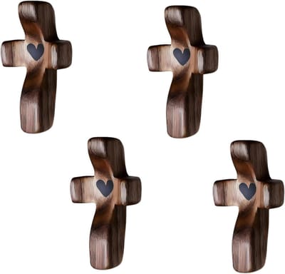 4 Stuks Zwarte Walnoot Duwkruis, Houten Hartvormig Kruis voor Decoratie, Doop, Communie en Cadeaus (5cm*2.5cm)