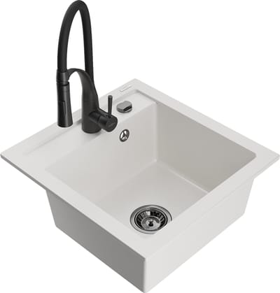 Mexen Vito granieten spoelbak 1-komers met keukenkraan Aster, wit - 6503-20-73450-70-B
