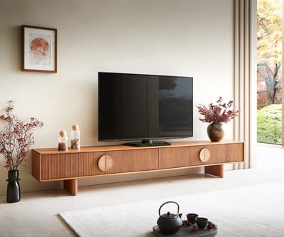 TV-meubel Surimu acacia lichtbruin 240 cm 4 deuren kurkgreep houten poten lowboard