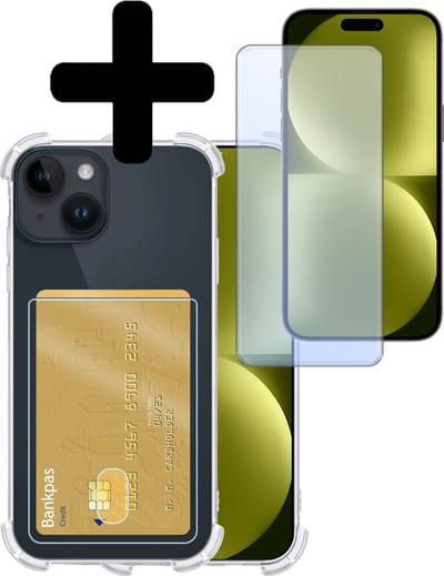 Hoesje - Geschikt voor Apple iPhone 15 - Met Screenprotector - En Pashouder - En Kaarthouder - Telefoon Hoes Shockproof - Siliconen Case - Back Cover - Shock Proof - Pasjes Houder - Telefoonhoesjes - Transparant