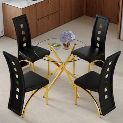 FloraGrace Ronde Eettafelset 88 cm – 4 Stoelen Met Geometrische Rugleuning – Voor Kleine Eethoeken – Glas, Metaal, PU Leer – Zwart Goud Transparant