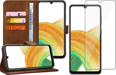 Hoesje geschikt voor Samsung Galaxy A33 - Book Case Kunstleer Wallet Cover Portemonnee Pasjeshouder Hoes Bruin - Tempered Glass Screenprotector