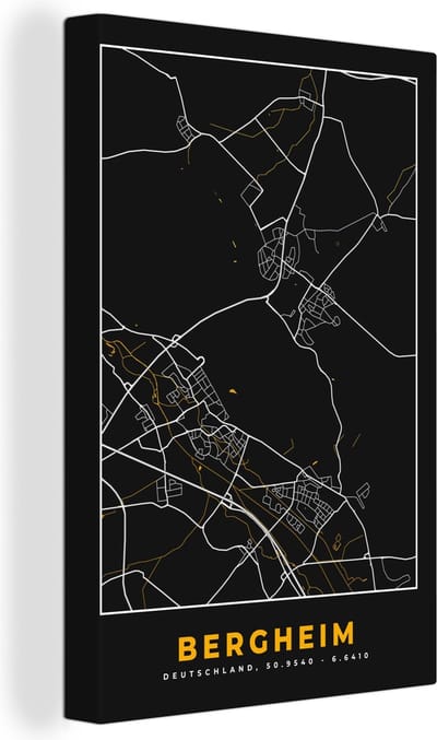 Canvas Schilderij Duitsland – Black and Gold – Bergheim – Stadskaart – Kaart – Plattegrond - 20x30 cm - Wanddecoratie