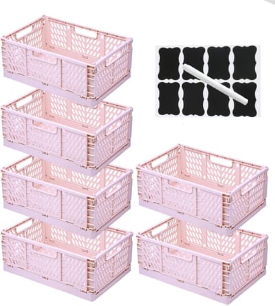 Set van 6 Opvouwbare Opbergdozen met Etiketten en Pennen,Opvouwbare Opbergmanden met Handvatten,Stapelbaar voor keuken,kantoor en lades (Roze, 42,5×28,5×16,5 cm)