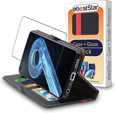 ebestStar - Hoes geschikt voor Realme 9i, Wallet Etui, Book case hoesje, Zwart, Rood + Gehard Glas