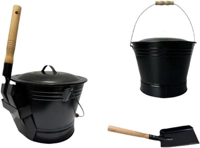 Assemmer met Deksel - Houtskoolcontainer Opslag - Haard Reiniging - Hittebestendig Verzinkt Ijzer - 24 cm Opening - Zwart