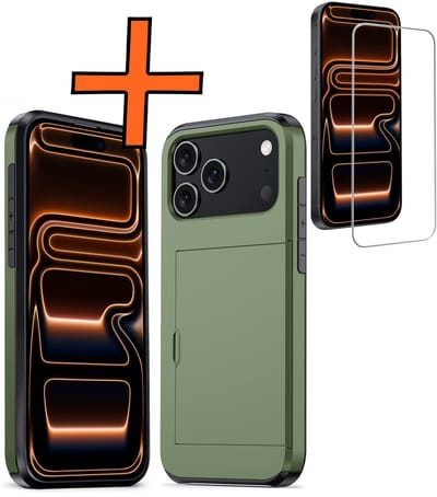Hoesje Geschikt voor iPhone 17 Pro Hoesje Pasjeshouder Shockproof Hard Case Met Screenprotector - Hoesje Geschikt voor iPhone 17 Pro Hoes Met Kaarthouder - Donkergroen