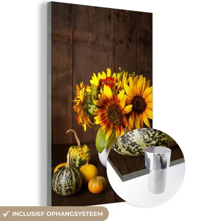 MuchoWow® Glasschilderij 40x60 cm - Schilderij acrylglas - Pompoenen - Zonnebloemen - Herfst - Foto op glas - Schilderijen