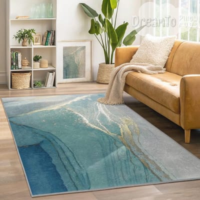 Turquoise Oceaan Marmer Abstract Kleed, Elegant Kust Aqua Decor, Goudaderige Aquarel Interieurmat, Teal Strand Geïnspireerd 60*90cm gray