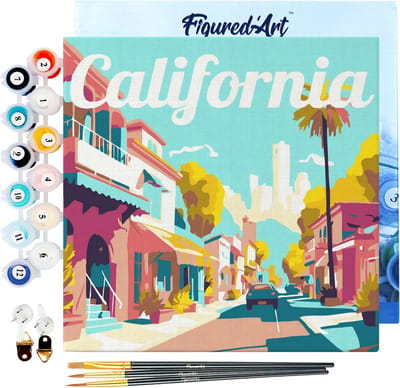 Figured'Art Mini Schilderen op Nummer Volwassenen 20x20cm met lijst Reisposter Straat in California - Klein Formaat Creatieve Hobby Kit DIY Art Nummer Compleet