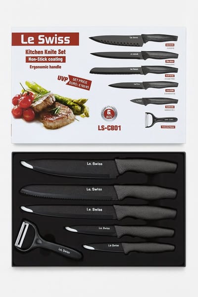 Messenset -6 Delig - Messen Set - Koksmes / Broodmes / Utility mes / Pizzmes / Schilmesje - Zwart