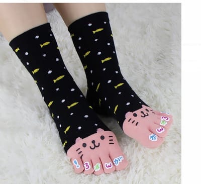 Dames Teensokken - teen sokken - toe socks - zwart - leuke print vis - vissen - 36 -40 - cadeau - sport - yoga - fitness - pilates - runner teen sokken - teenslipper sokken