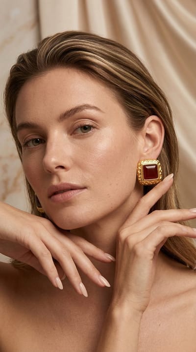 Lundholm Luxe Oorbellen Dames Vintage Stijl Grote Oorbellen Goudkleurig - Premium Stainless Steel Jewellery PVD Gold Plated - my Felina Serie - Oorbellen Goud Vintage Oorknopjes Bordeaux Rood Studs - Scandinavisch Design