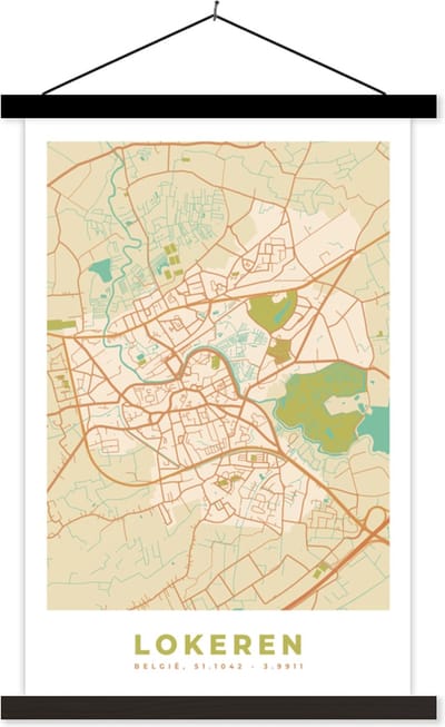 Posterhanger incl. Poster 40x60 cm - Schoolplaat - Vintage - Lokeren - Stadskaart - Plattegrond - Kaart - Textielposter - Zwarte latten - Stadskaart
