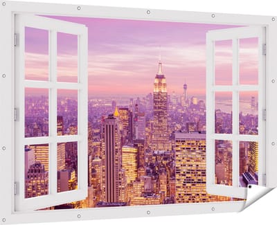 Gards Tuinposter Doorkijk New York Skyline met Lichten bij Zonsondergang - 180x120 cm - Tuindoek - Tuindecoratie - Wanddecoratie buiten - Tuinschilderij