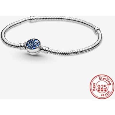 Bracelets coulissants en argent sterling 925 avec chaîne serpent et fleurs bleues ondulées, compatibles avec les breloques de marque originales, pour femmes et filles, fabrication de bijoux à faire soi-même 16cm