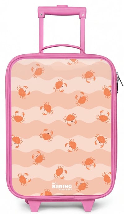 NoBoringSuitcases.com® - Kinderkoffer roze - Kindertrolley meisje - Oranje krabben op golvende achtergrond - Koffer kind lichtgewicht - Reiskoffer trolley voor kinderen - Koffertje met lichtgevende wieltjes - Rolkoffer