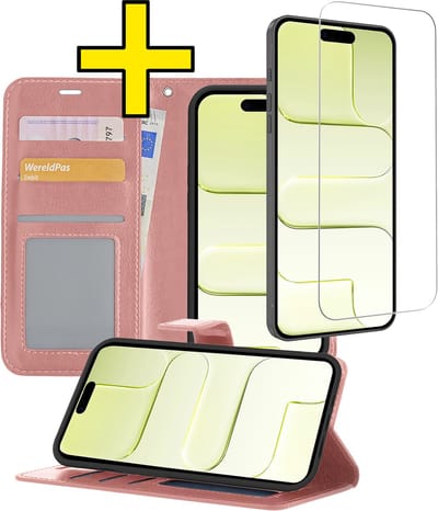 Hoesje - Met Screenprotector - Geschikt voor Apple iPhone Air - Luxe Pasjeshouder - Bookcase Portemonee - Flip Case - Kunstleer Book Case - Flipcase - Book Cover - Walletcase - Portemonneehoes - Telefoonhoesjes - Rosé goud