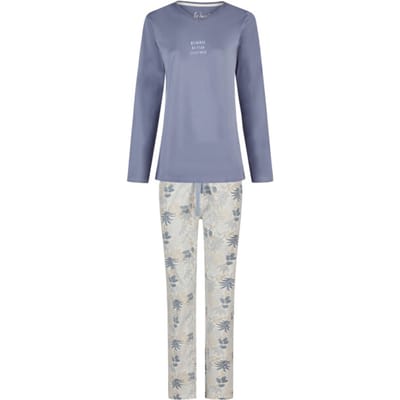 By Louise Dames Pyjama Set Lang V-Hals Donkerblauw Gebloemd - Maat S