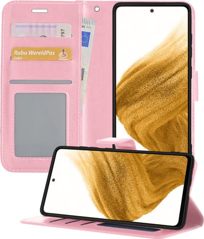 Hoesje - Met Pasjeshouder - Geschikt voor Samsung Galaxy A53 - Luxe Bookcase Portemonee - Flip Case - Kunstleer Book Case - Flipcase - Book Cover - Walletcase - Portemonneehoes - Telefoonhoesjes - Lichtroze