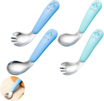 Ergonomische Bestekset van RVS met 4 Stukken: Lepel en Vork voor Zelfstandig Eten, Dierenontwerpen, Makkelijk Vast te Houden en Vaatwasserbestendig, 13 cm