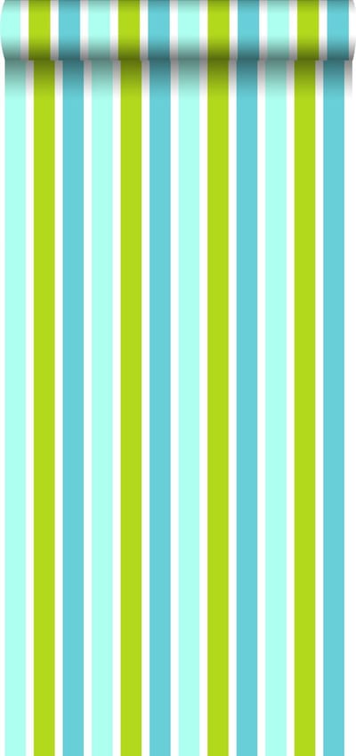 ESTAhome behang verticale strepen turquoise, limegroen en wit - 53 cm x 10.05 m - 138703