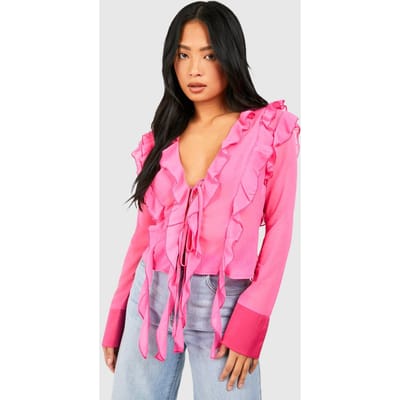 boohoo Dames Petite Top met Ruffledetail en Vetersluiting aan de Voorzijde | Fel Roze | Maat: 34