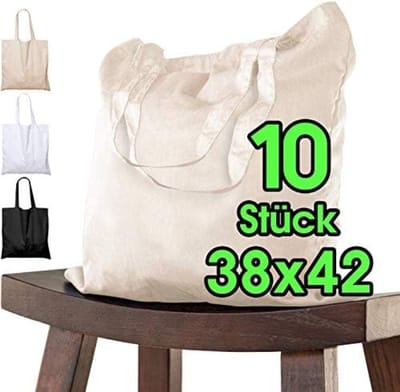 PromoHome Katoenen Boodschappentassen 38 x 42 cm - Set van 10 - Duurzaam en Veelzijdig "Beige"
