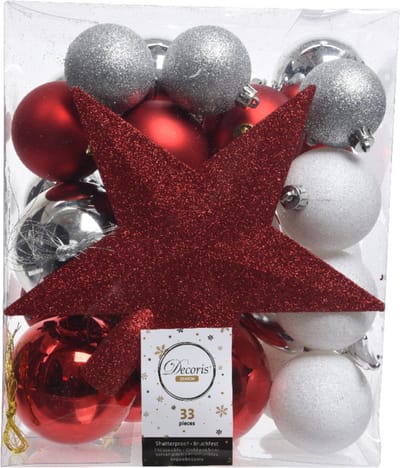 Decoris kerstballen set - 34-dlg - rood/wit/zilver - incl. piek - kunststof - kerstversiering